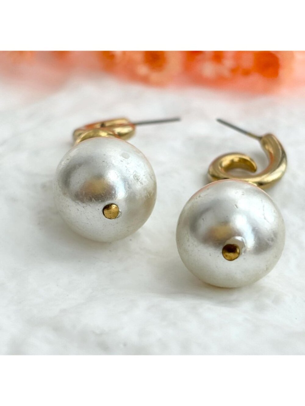 Faux Pearl Accented Rhinestone Swirly Gold Toned Vintage Dangle 80's Earrings - Picture 7 of 9